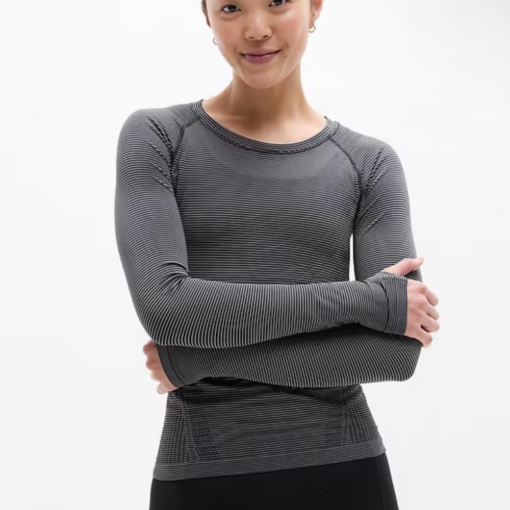 Athleta Momentum Black and Gray Striped Long Sleeve Top